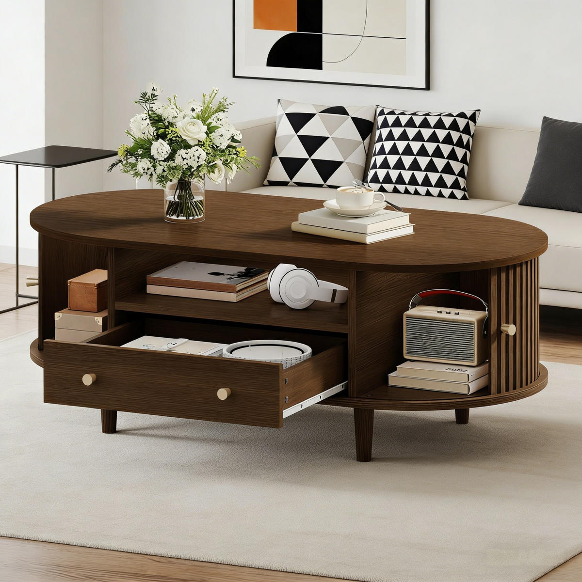 COUCHTISCH oval 100 x 50 x 36 cm MDF Walnuss mit Schublade und Rolltür - Braun, Holz (100/50/36cm) - Meubliv