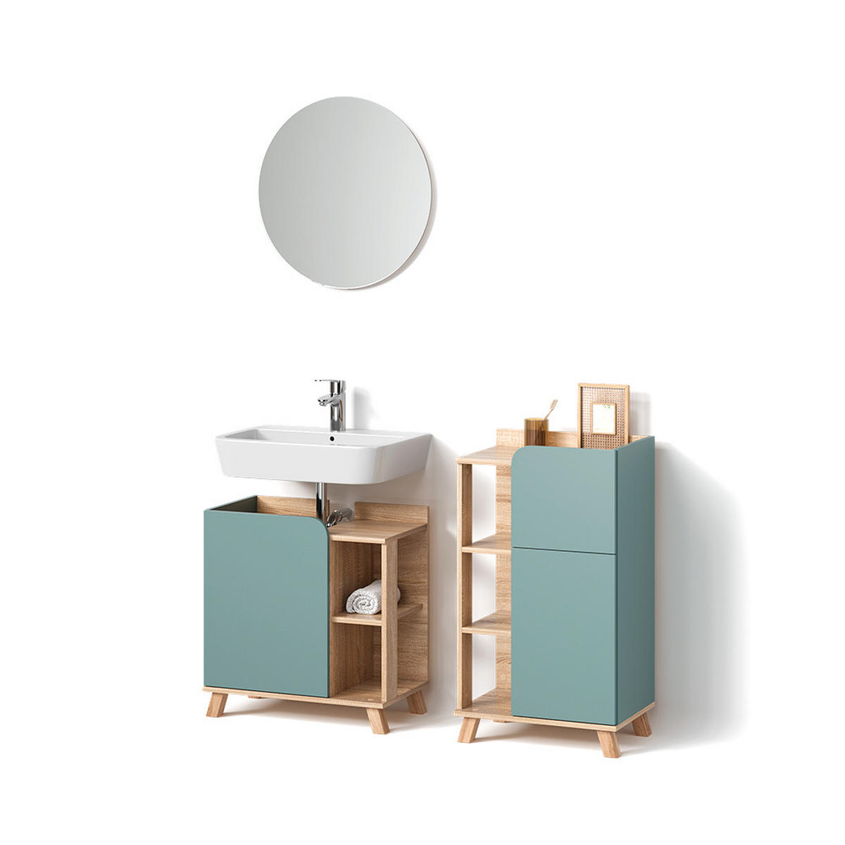 BADMÖBEL-SET Marano Blau-Grau 3 Teile, mit Midischrank - Blaugrau/Sonoma Eiche, Holzwerkstoff (35/65/60cm) - Livinity®