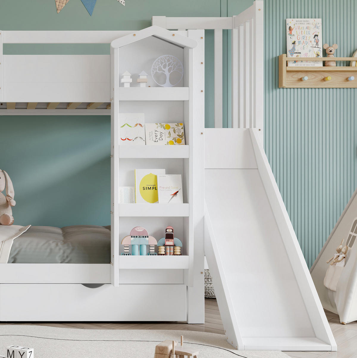 ETAGENBETT 90/200 cm Weiß mit Kinderrutsche ohne Matratze - Weiß, Holz (90/200cm) - MIVRAY