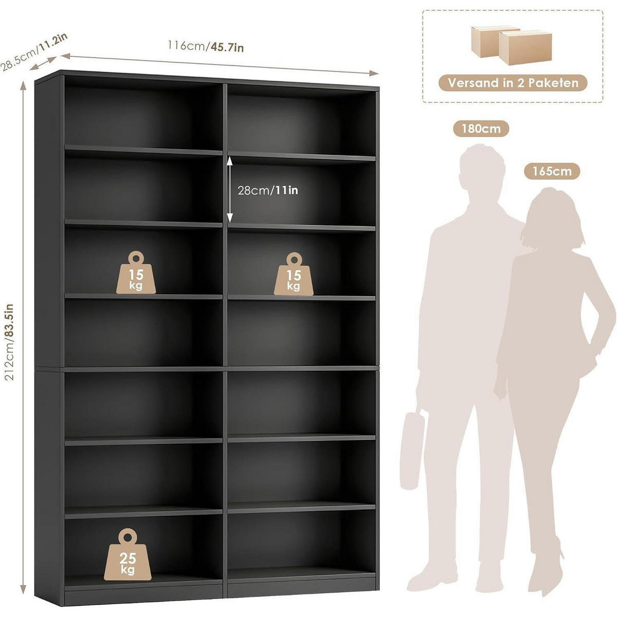 BÜCHERREGAL 212 cm schwarz - Schwarz, Holzwerkstoff (116/212/28.5cm)