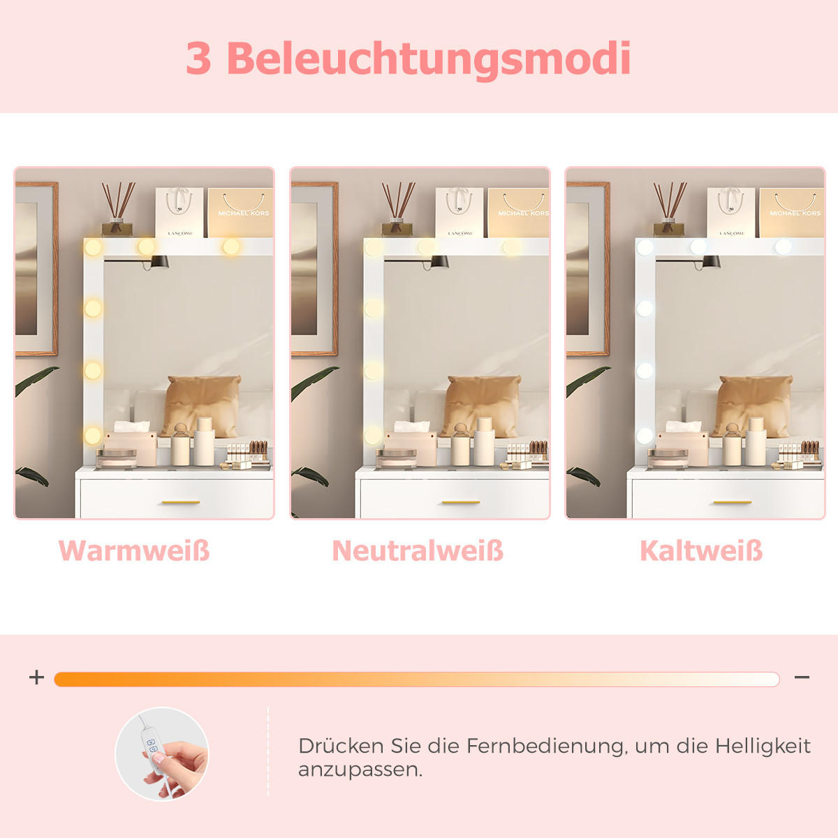 SCHMINKTISCH mit Spiegel und Aufbewahrungshocker, 113 x 40 x 140 cm, 3 verstellbare Farben, 12 Glühbirnen, mit 8 Schubladen und Steckdose - Weiß, Holzwerkstoff (40/140/113cm)