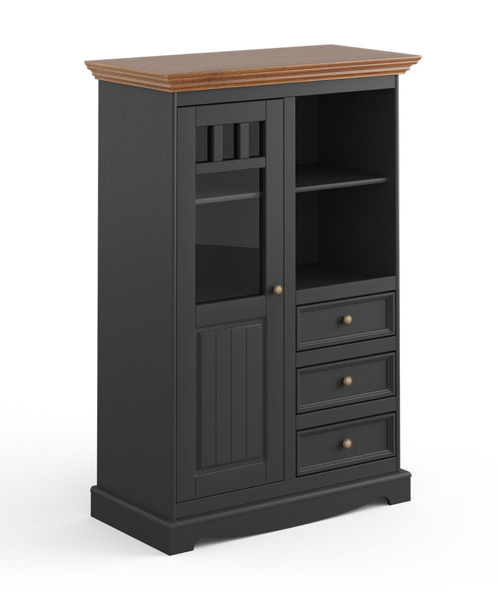 VITRINE Belluno Elegante Kiefer gebeizt, Eichefarben / basaltgrau (RAL7012) lackiert 89 / 44 / 130cm - Grau/Kieferfarben, Holz/Metall (89/130/44cm) - Feldmann-Wohnen