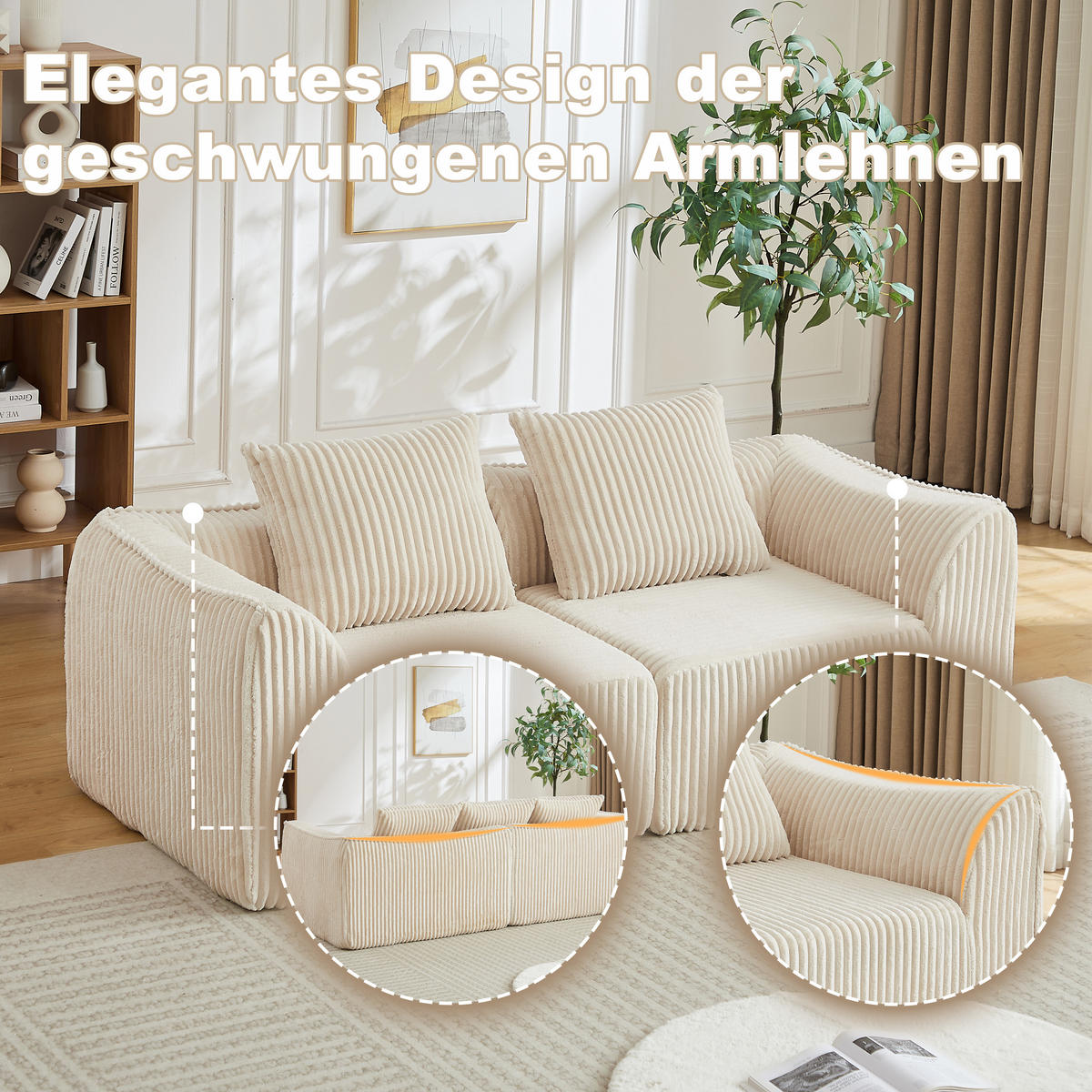 2-SITZER SOFA Cord Minimalistisch & Modular - Beige, Textil (185/72.5/101cm) - Urban Meuble