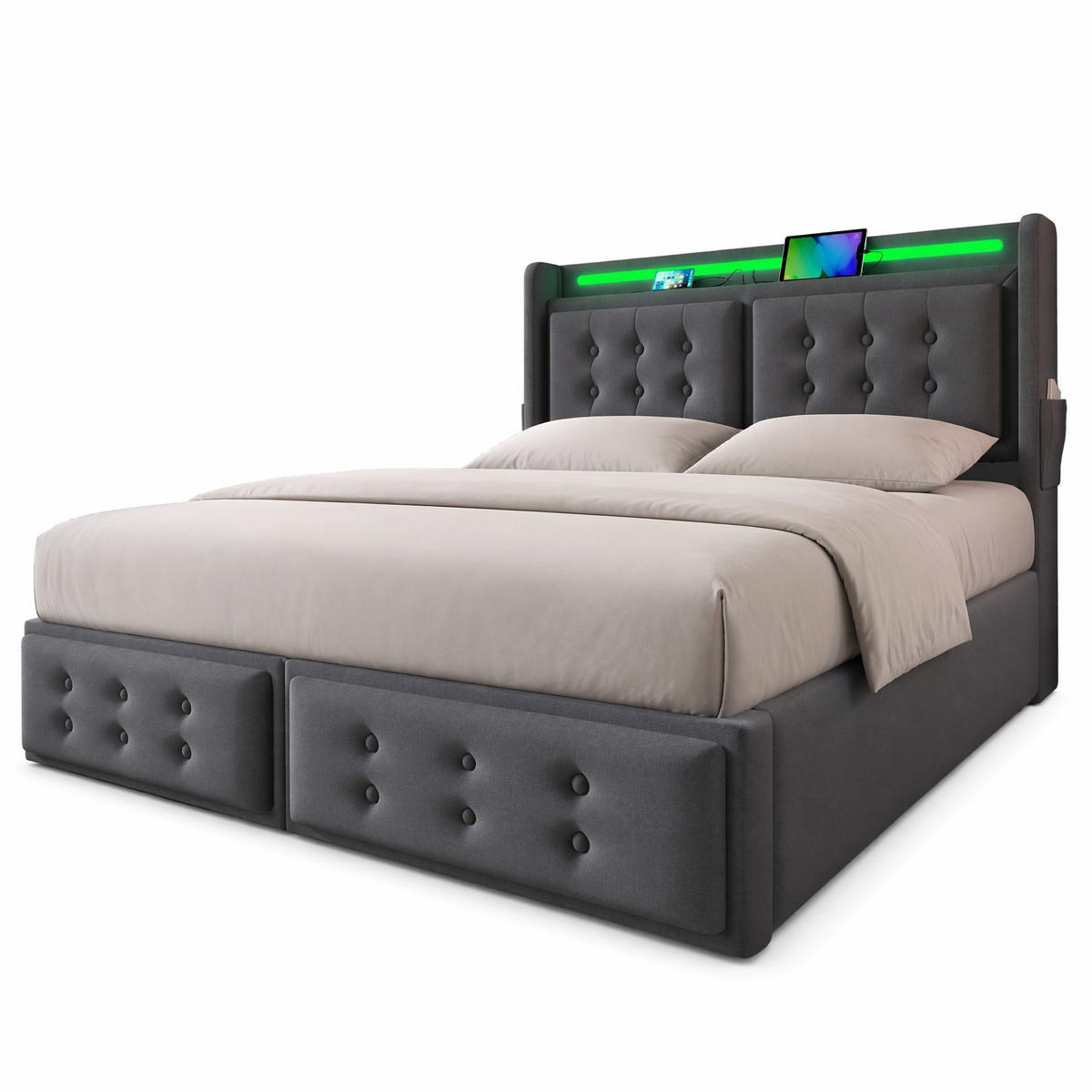 POLSTERBETT 160/200 cm in Grau mit Bettkasten, LED, USB und Type-C Baumwoll-Leinenstoff - Grau, Holzwerkstoff/Textil (160/200cm) - CHICFURN