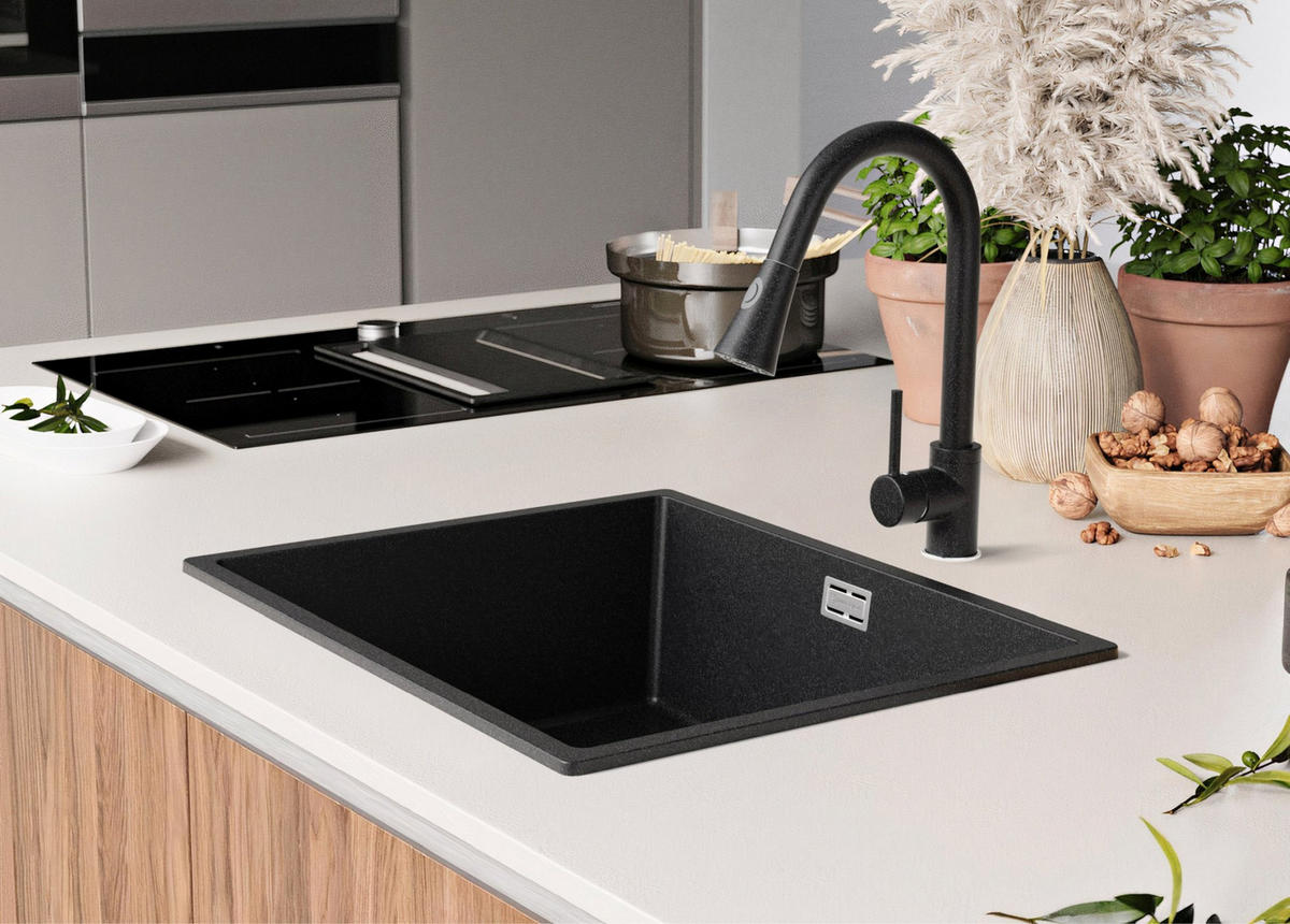 SPÜLBECKEN London Slim, 2-er set Anthrazit 56/47 cm 1 Becken + Ablauf-Set ab 60er Unterschrank - Chromfarben/Anthrazit, Kunststoff (56/20/47cm) - Primagran