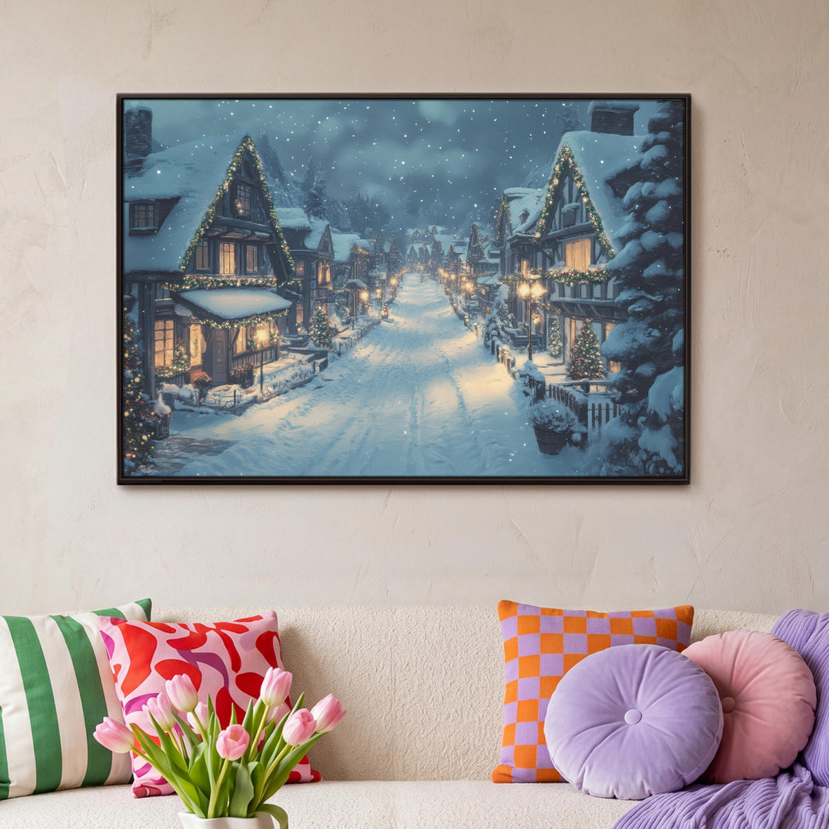 LEINWAND Bilder mit Rahmen - Weihnachtsdorf - Weihnachten - Schnee - Winter - 90x60 - Dunkelblau, Textil (90/60cm) - MuchoWow