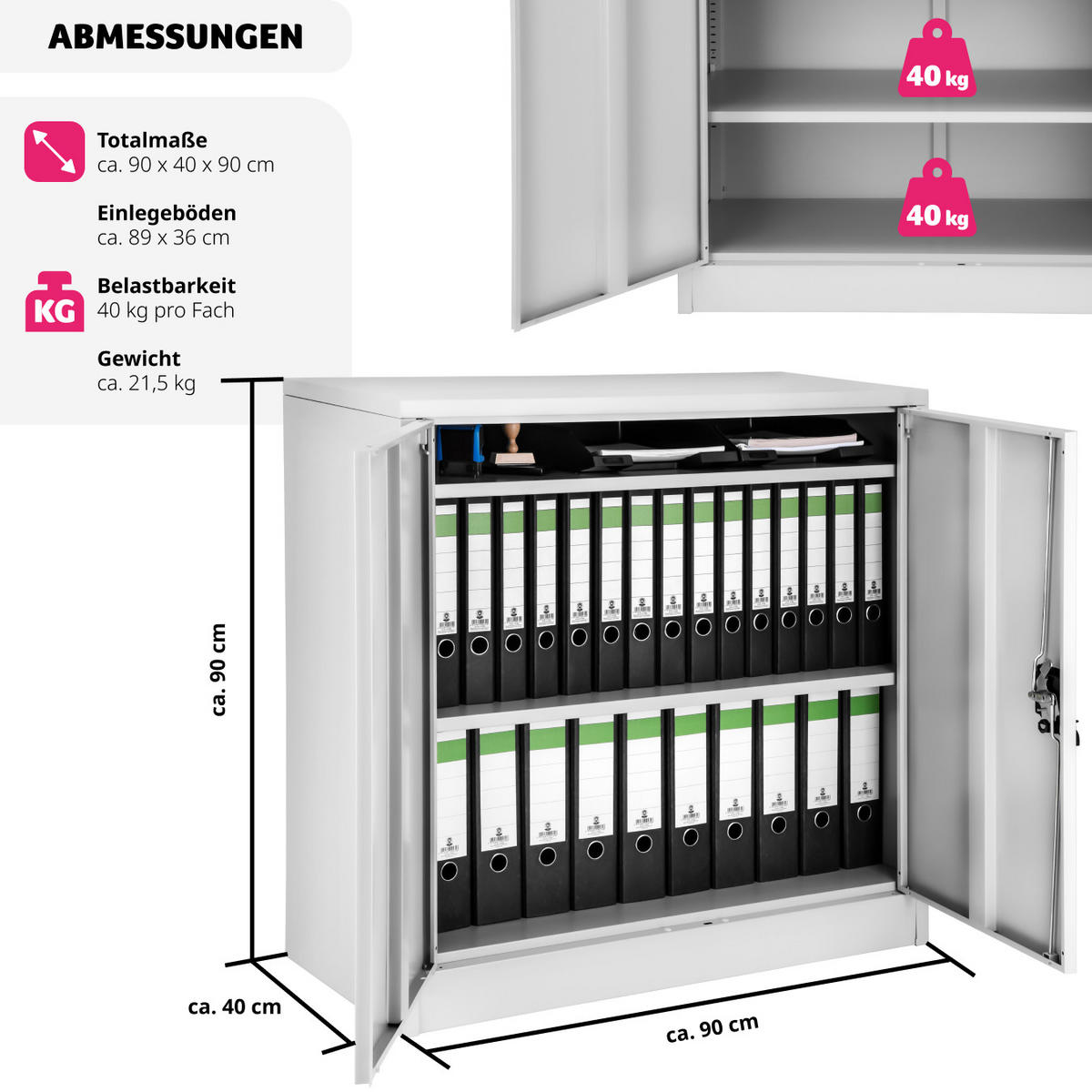 AKTENSCHRANK ,90 x 40 x 90 cm,grau - Grau, Metall (40/90/90cm) - tectake
