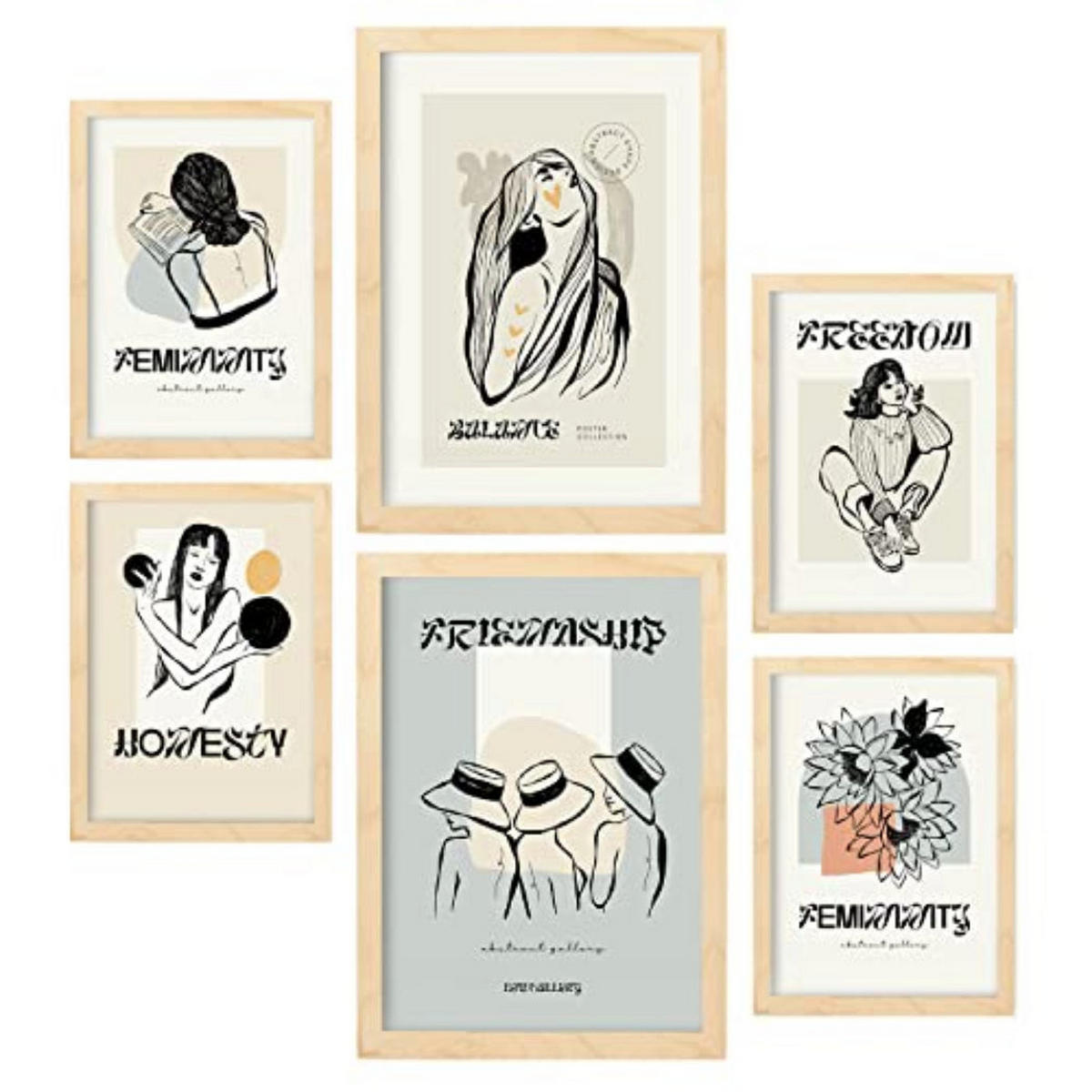 POSTER Set Mit 6 In Schwarzer Tinte Freundschaft Kunstdrucke Im Skizzenstil Für Innenarchitektur A3 & A4 Rahmen Aus Hellem Holz - Beige, Papier (29/3cm) - Nacnic