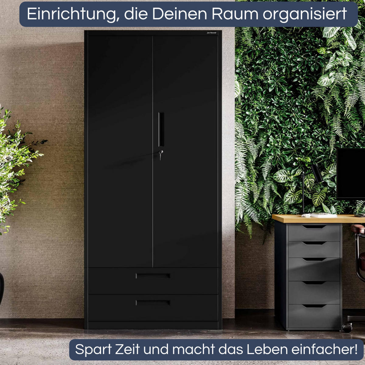 METALLSCHRANK mit Doppel-Schublade RUEL 195x90x40cm Schwarz - Schwarz, Metall (90/195/40cm) - DELUKE