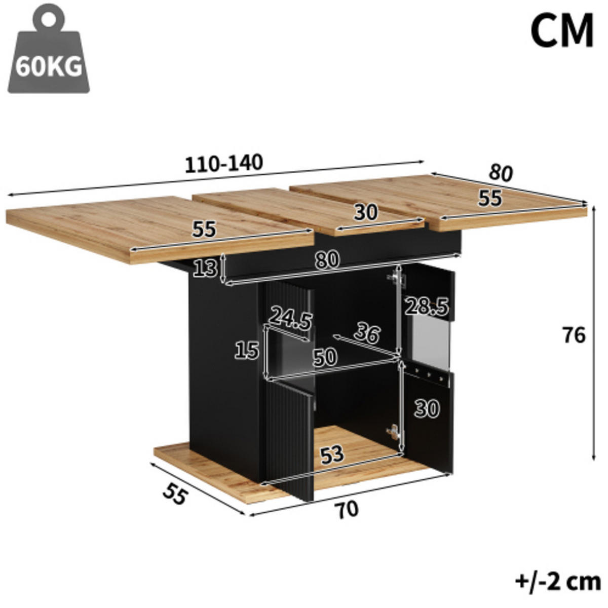 AUSZIEHBARER Esstisch 110-140×80×76 cm aus MDF und Metall mit Stauraum und integrierter LED-Beleuchtung, schwarz - Schwarz, Holzwerkstoff (140/80/76cm) - Luhomfu
