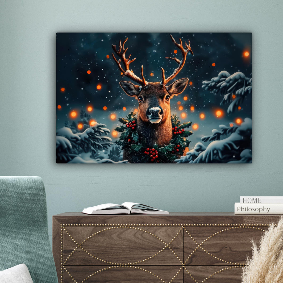 LEINWANDBILD Hirsch - Weihnachten - Winter - Schnee - Weihnachtskranz Gemälde 60x40 cm - Dunkelbraun, Textil (60/40cm) - MuchoWow