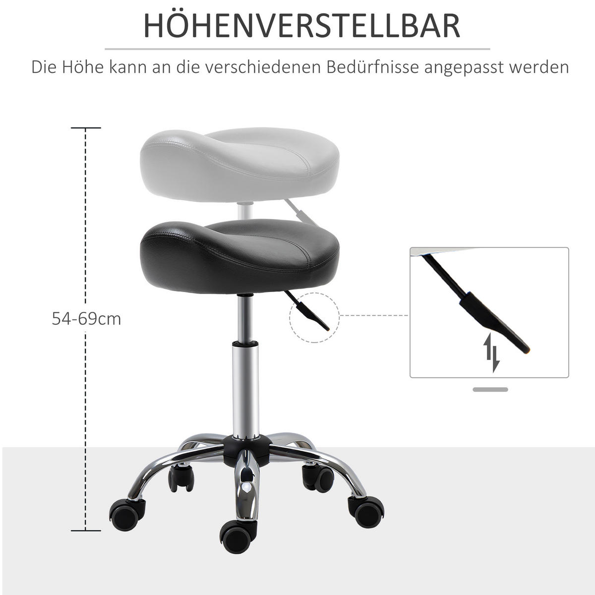 ROLLHOCKER, Höhenverstellbarer, Schwarz - Schwarz, Leder (48/69/48cm) - HOMCOM
