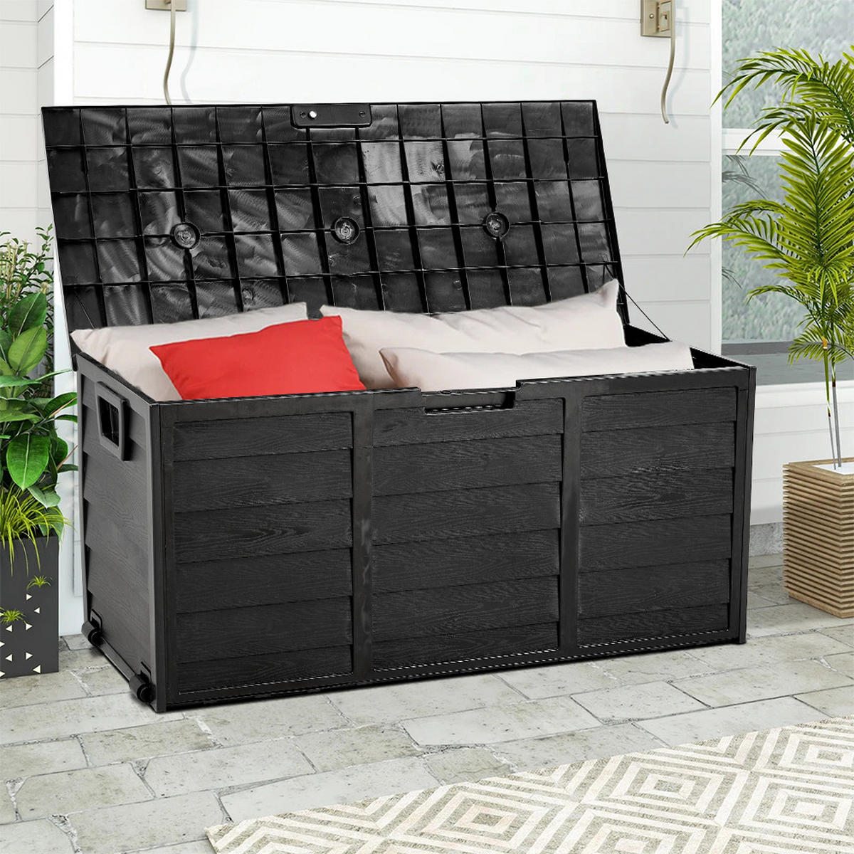 GARTENBOX 290L aus PP Kunststoff in Schwarz mit Rollen, Modell Robuste Konstruktio 112 cm B x 49 cm T x 54 cm H - Schwarz, Kunststoff (112/54/49cm) - Livingandhome