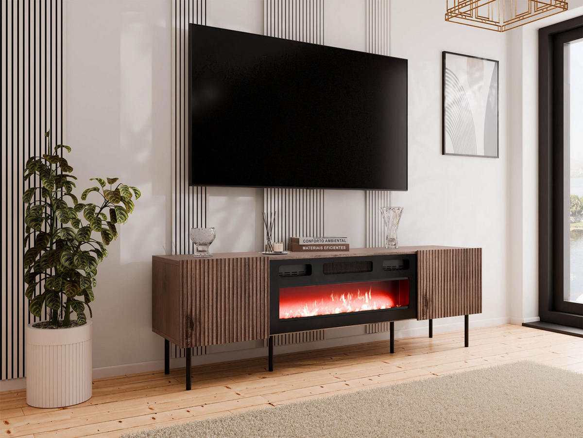 TV-ELEMENT Tacos 180 mit Elektrische Kamin - Schwarz/Braun, Holzwerkstoff/Metall (181/58/42cm) - MIRJAN24