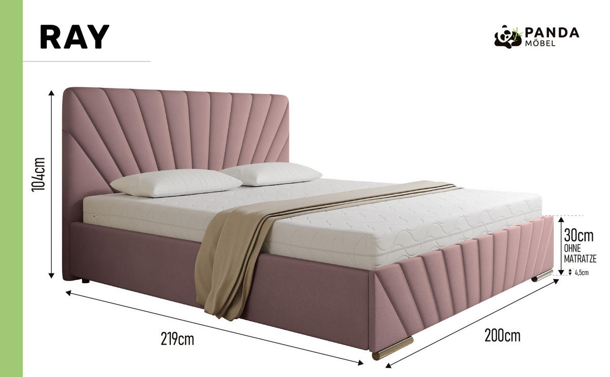 POLSTERBETT Ray 180 x 200 cm mit Bettkasten und Lattenrost taschenfederkernmatratze mit kokos 20cm- rosa - Rosa, Holz (180/200cm) - Panda Möbel