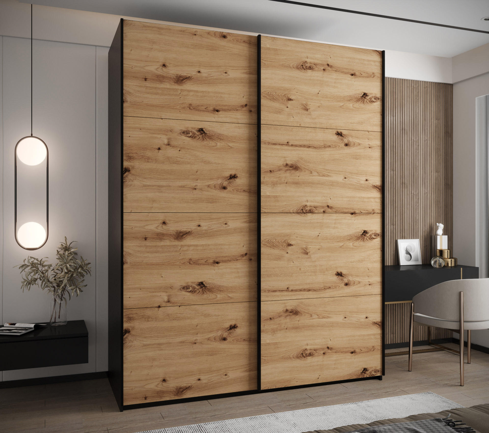 SCHWEBETÜRENSCHRANK 245,5/190/64 2-türig - Schwarz/Eiche Artisan, Holz/Metall (190/245/64cm) - Abiks Möbel