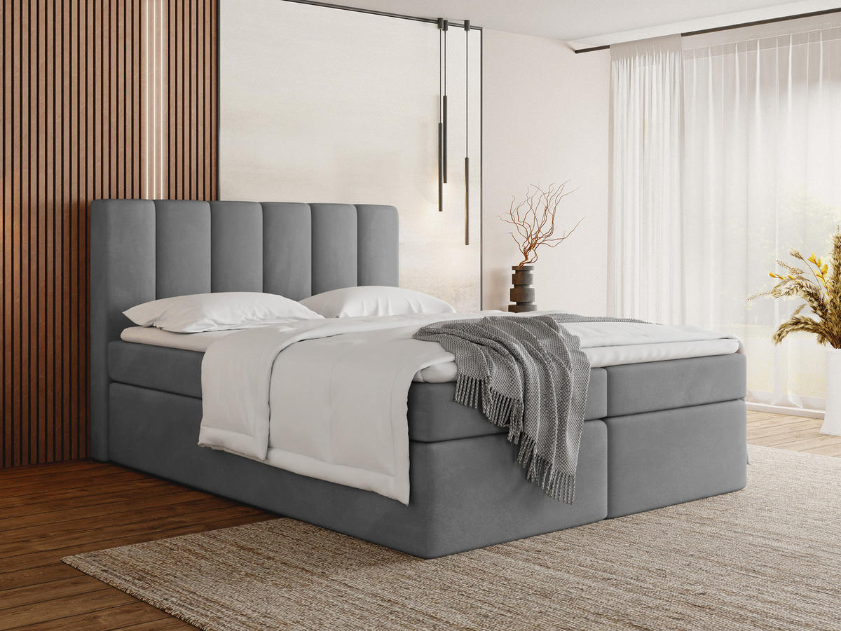 BOXBETT Amira mit Bettkasten, Grau Samt 160x200 cm - inkl. H3 Matratze und H3 Foam Topper - Grau, Holzwerkstoff/Kunststoff (160/200cm) - WFL GROUP