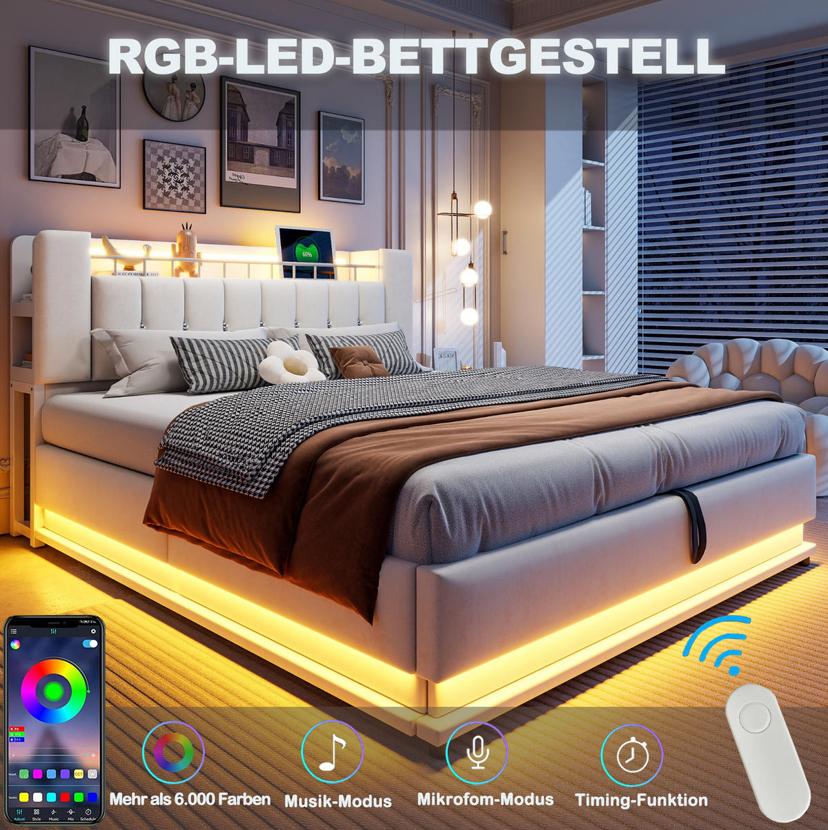 POLSTERBETT 140x200 cm Beige mit Samtbezug, LED-Beleuchtung, USB-Anschlüssen und Stauraum - Beige, Textil (140/200cm) - Modfu