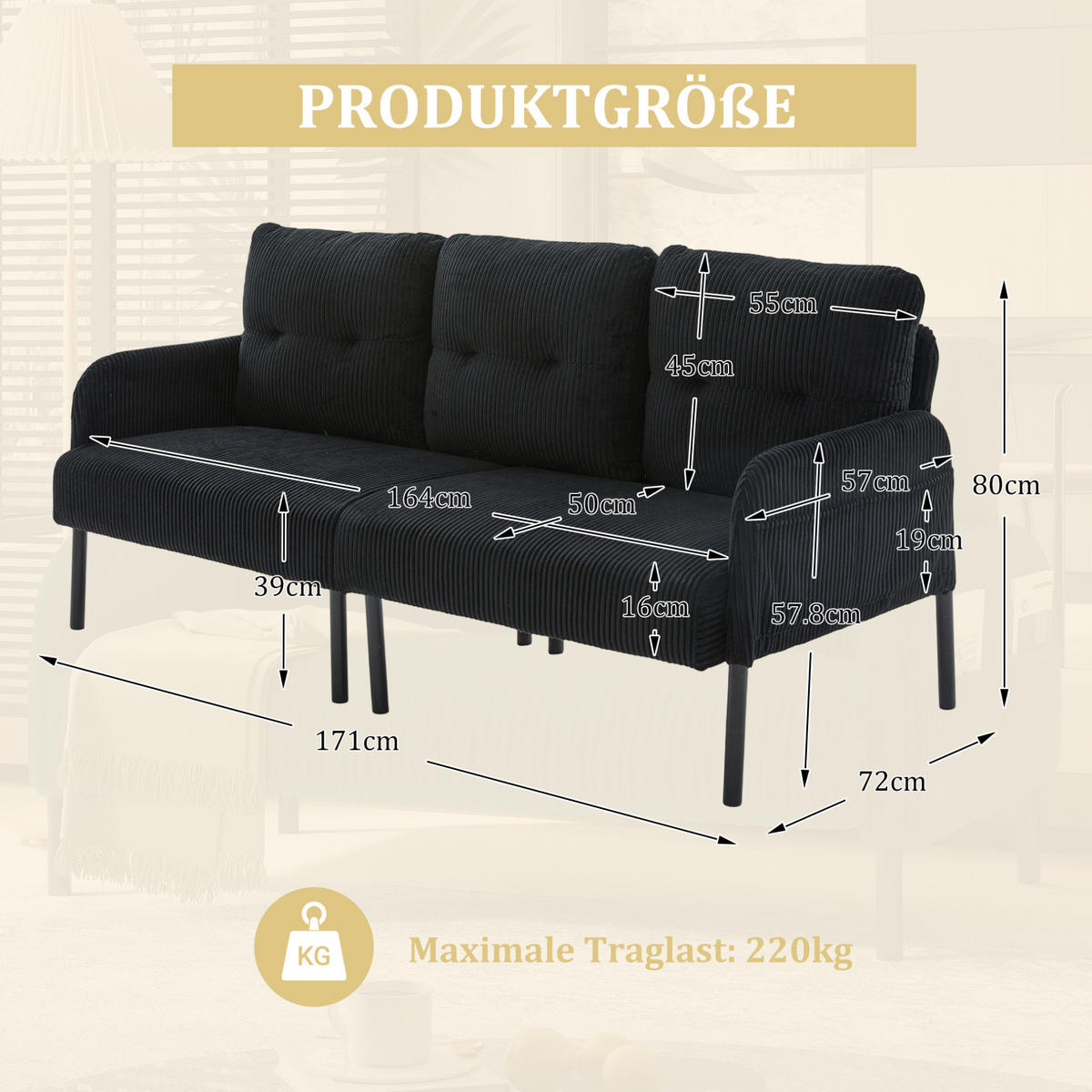 SOFA 3-Sitzer mit Seitentasche Cord Schwarz - Schwarz, Kunststoff (171/80/72cm) - Meubliv