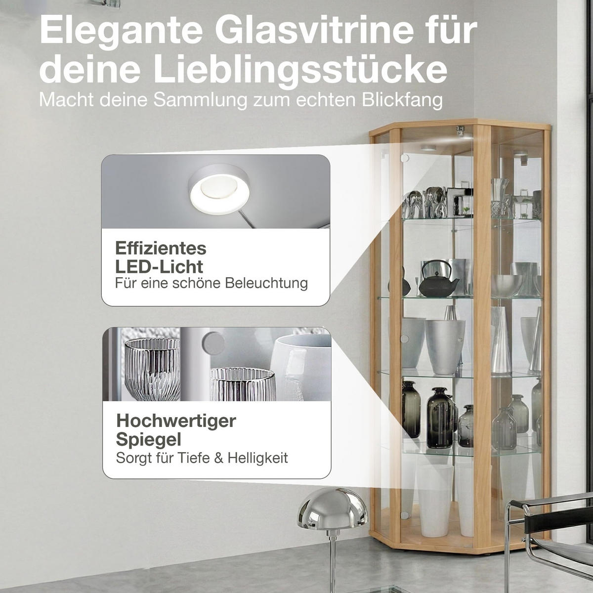 ECKVITRINE 56,5/56,5/176 cm mit Spiegel, LED & Schloss - Transparent/Silberfarben, Glas/Holzwerkstoff (56.5/176/56.5cm) - K-Möbel
