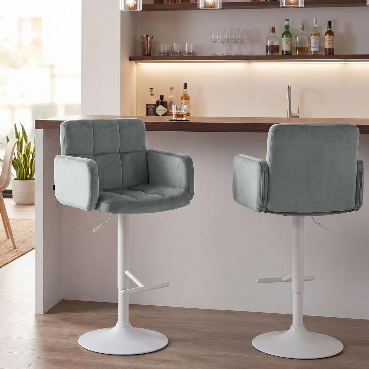 BARHOCKER 2 Samt Grau - Weiß/Grau, Textil/Metall (60/93/56cm) - CLP