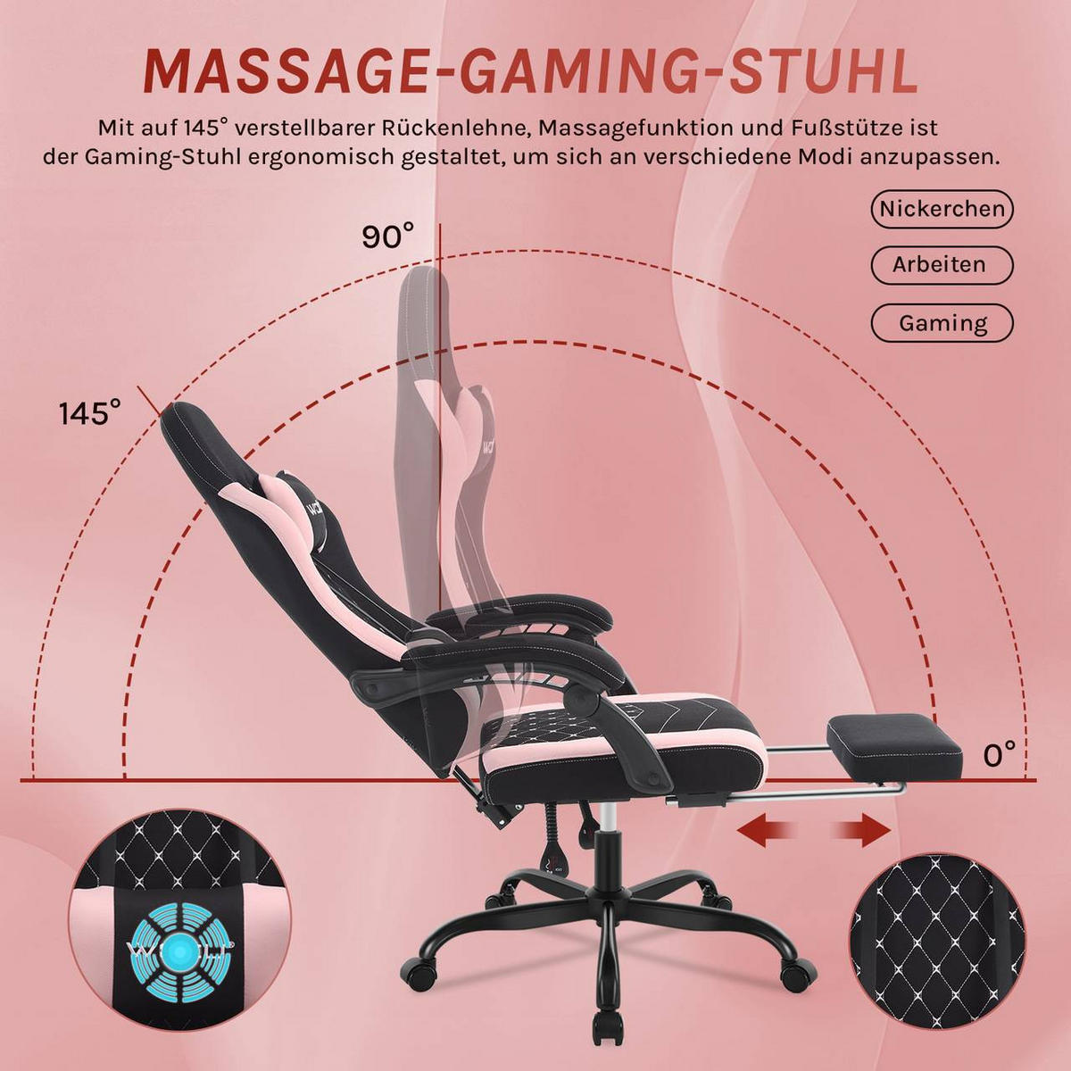 GAMINGSTUHL mit Massagefunktion, Netzstoff, Schwarz+Rosa - Schwarz/Rosa, Textil/Metall (70/127/70cm) - Woltu