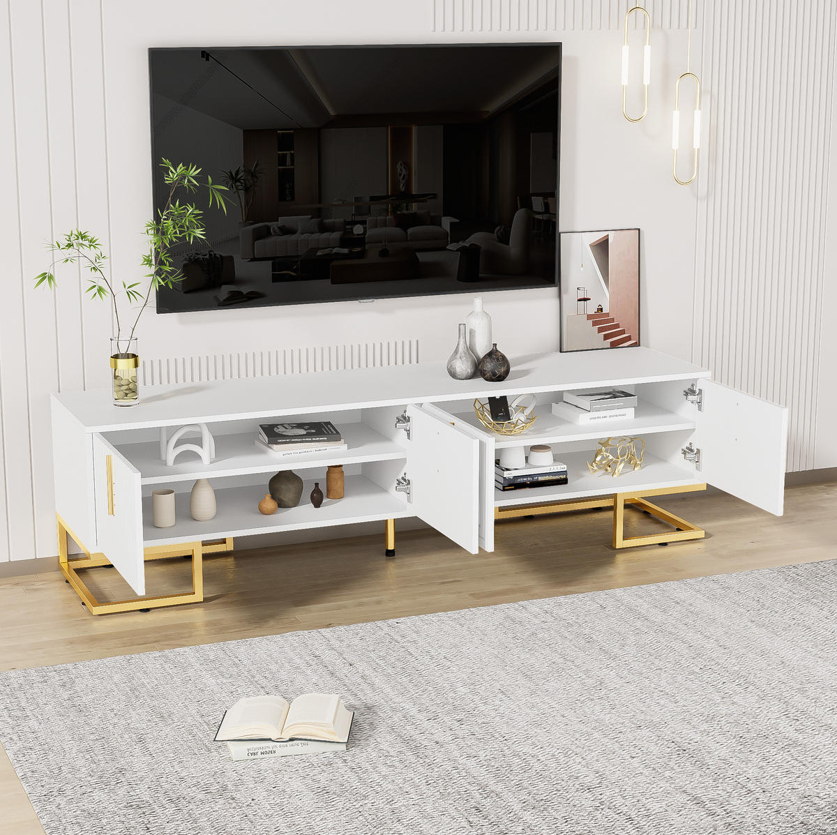 TV stolek 170/40/45,5 cm bílý z dřevotřísky se zlatými nohami a úložným prostorem - bílá, kompozitní dřevo (200/60/35cm) - OKWISH