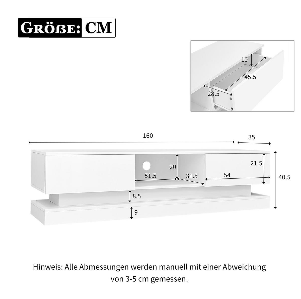 TV-LOWBOARD aus Spanplatte 160x35x40,5 cm Weiß mit LED-Beleuchtung und 2 Schubladen - Weiß, Holzwerkstoff (160/40.5/35cm) - IVMEU