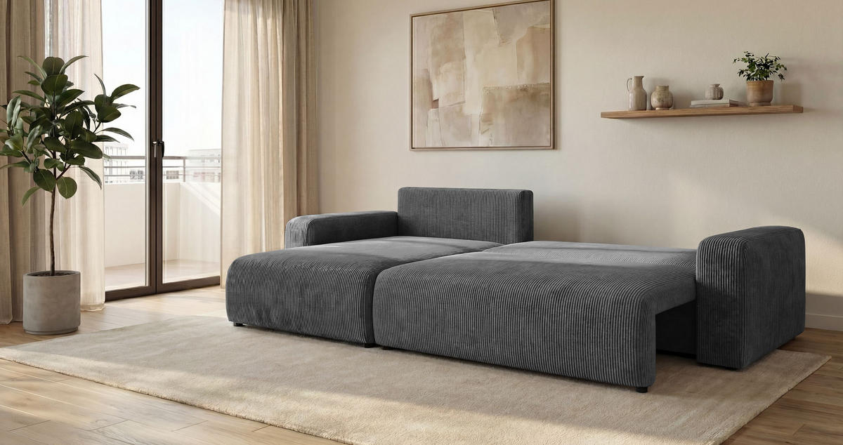 ROHOVÁ pohovka BERLIN levá tmavě šedá manšestr Poso 60 - funkce spaní, úložný prostor - antracitová, textil (285/185cm) - Cornero