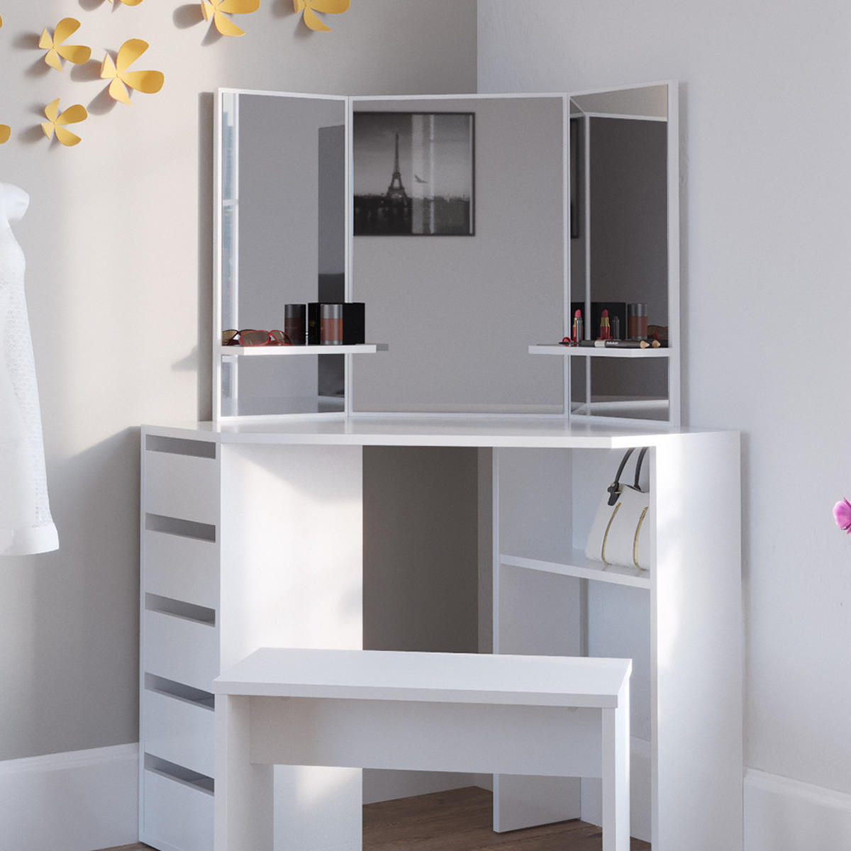ECKSCHMINKTISCH Arielle Weiß 110 cm mit Bank - Weiß, Holzwerkstoff (110/141.5/54cm) - Vicco