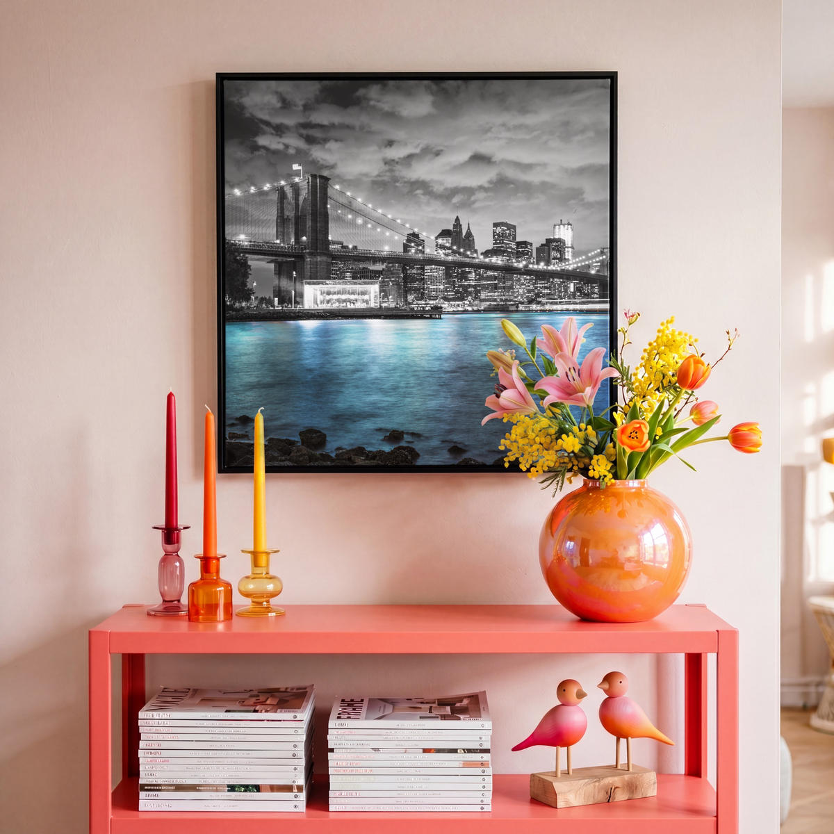 LEINWAND Bilder mit Rahmen - New York - Skyline - Stadt - Blau - 50x50 - Blaugrau, Textil (50/50cm) - MuchoWow