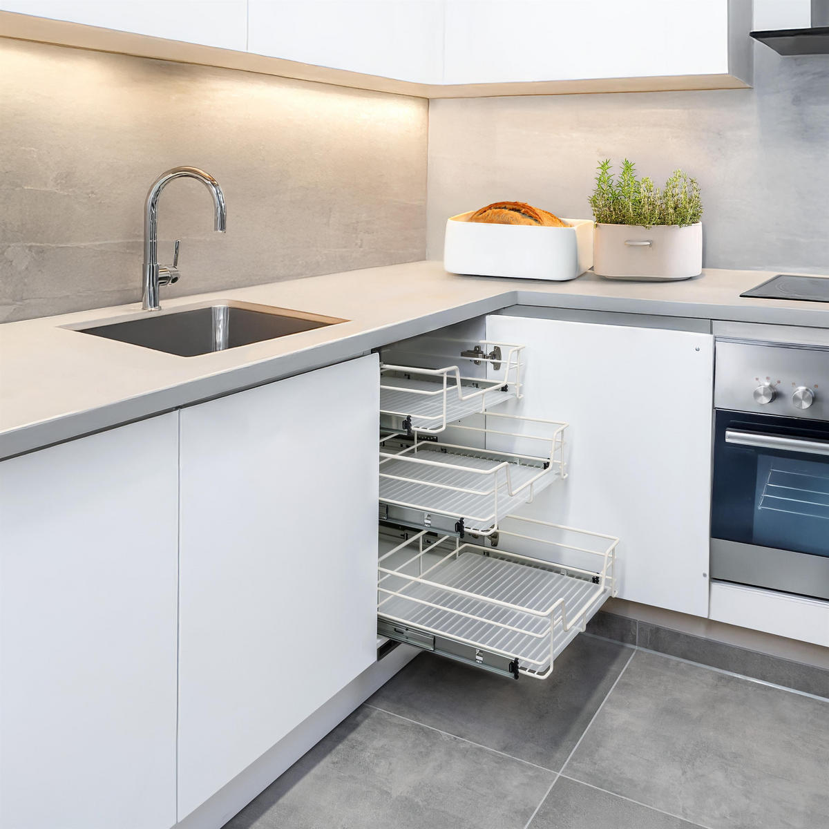 TELESKOPSCHUBLADE für 45 cm Schrank mit Einlegeboden, aus Metall, cremeweiß - Creme, Metall (42/14/44cm) - bremermann