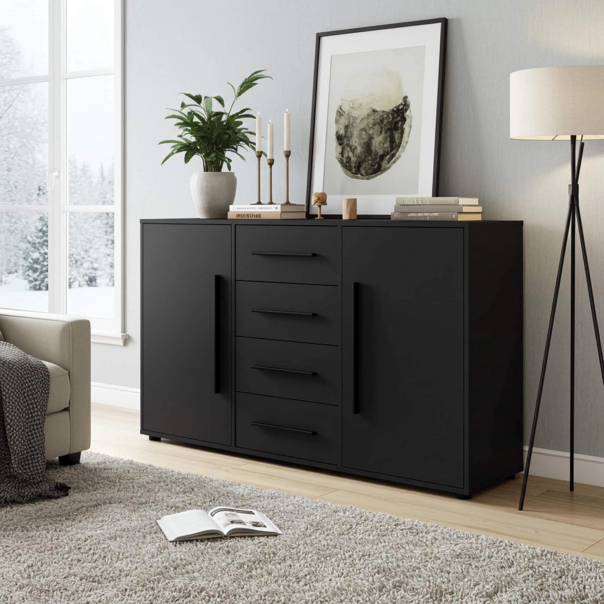 KOMMODE Modena K2D4SZ 150 cm in Schwarz mit Türen und Schubladen - Schwarz, Holzwerkstoff/Kunststoff (150/87/40cm)