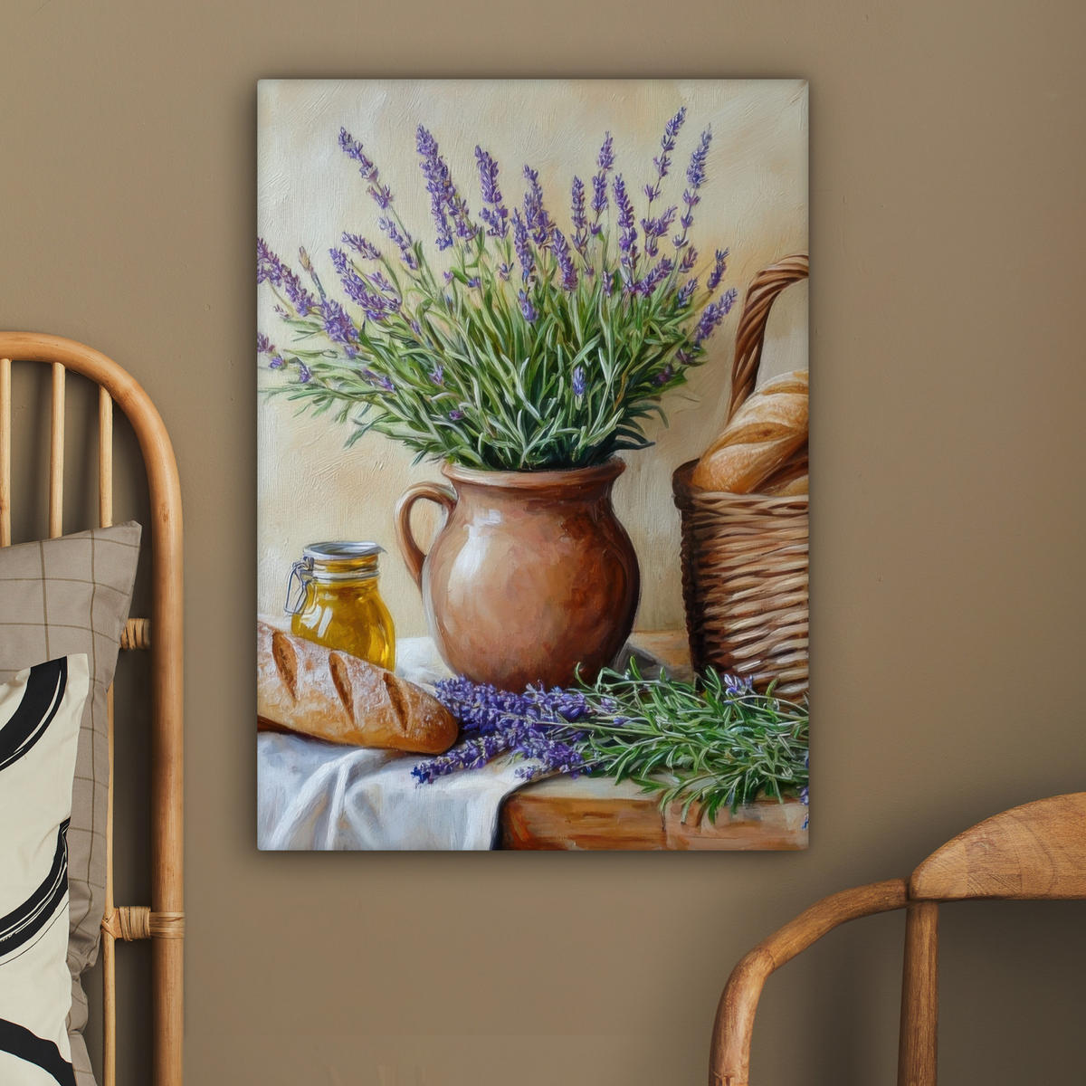 LEINWANDBILD Lavendel - Brot - Stilleben 60x80 cm - Flieder, Textil (60/80cm) - MuchoWow