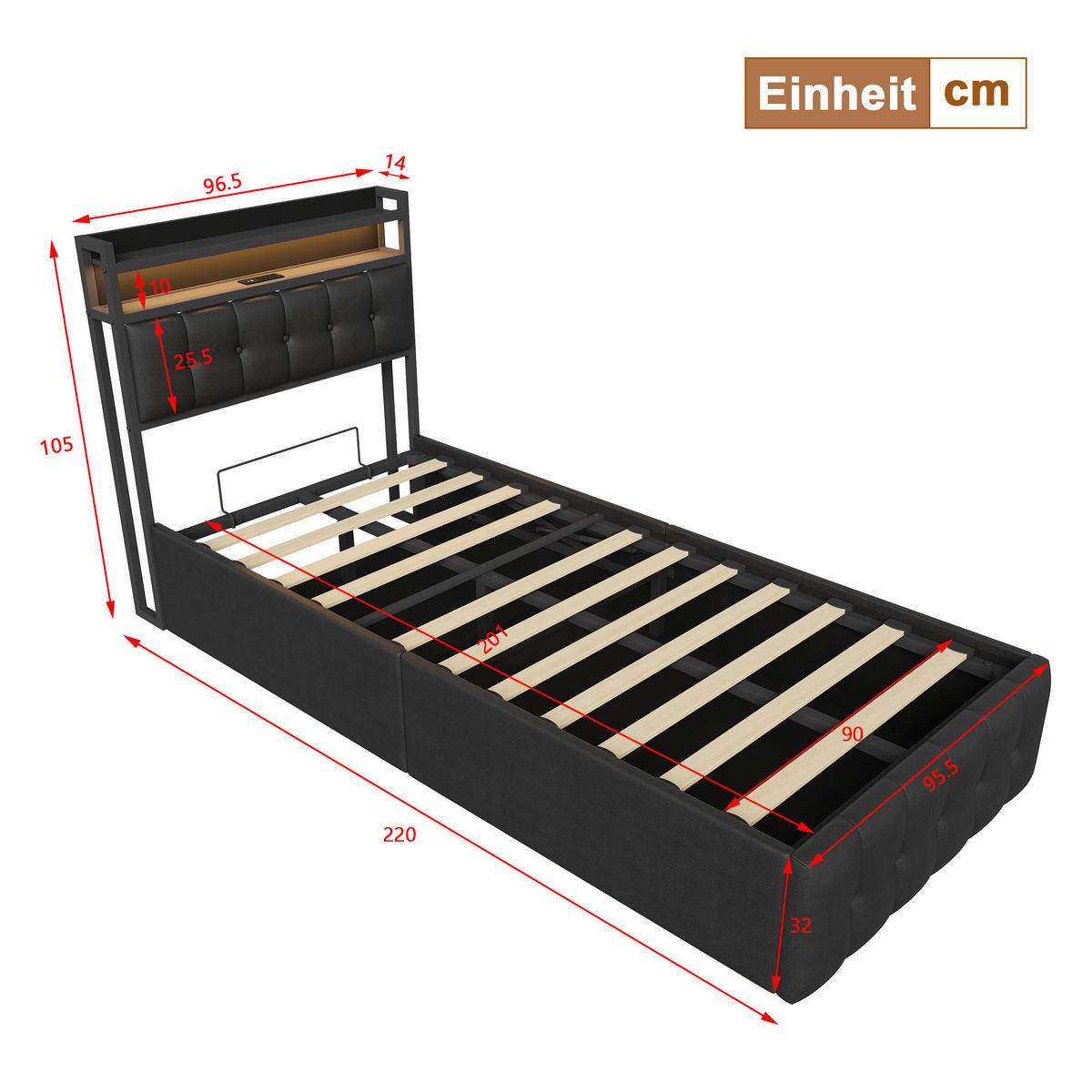 POLSTERBETT 90x200 cm mit stauraum, einzelbett mit bettkasten, USB und LED, lattenrost, schwarz - Schwarz, Leder/Holz (90/200cm) - GENKI LIVING