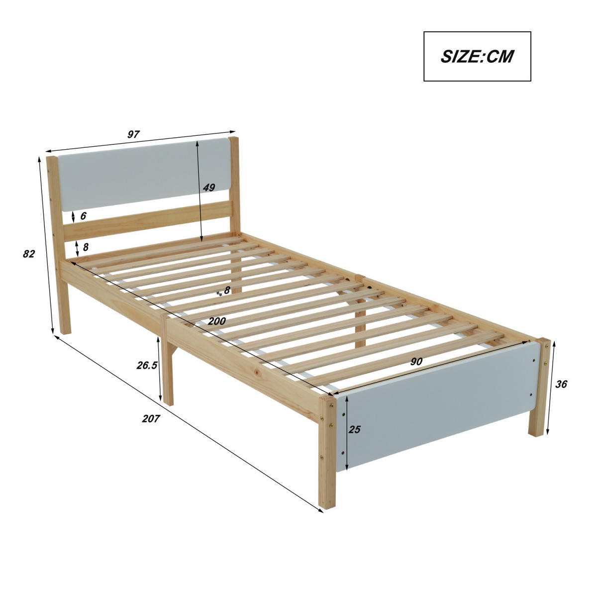 HOLZBETT 90x200 cm mit Kopfteil, Fußteil, Weiß-Natur - Weiß, Holz (90/200cm)