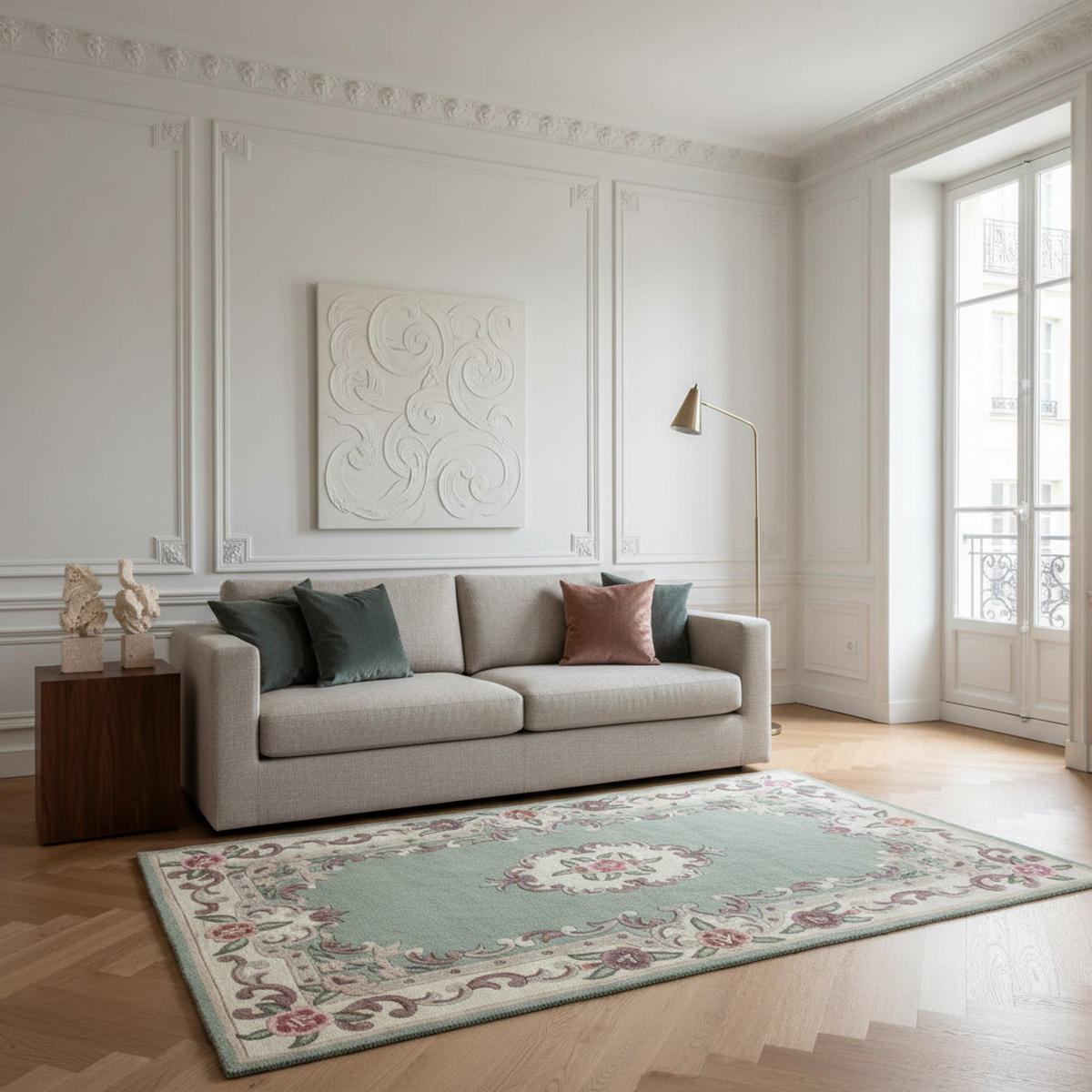 WOLLTEPPICH Aubusson-Muster handgeknüpft BEAULY, Grün-Beige 120x180 cm - Grün, Textil (120/180cm) - KADIMA DESIGN