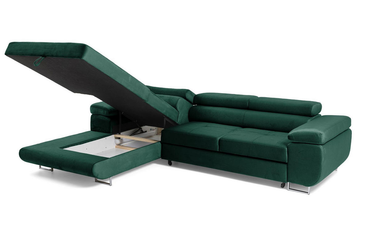 ECKSOFA ALONZO L Links mit Schlaffunktion 125x195 Velours Grün - Silberfarben/Grün, Holz/Textil (275/203cm) - Muffo