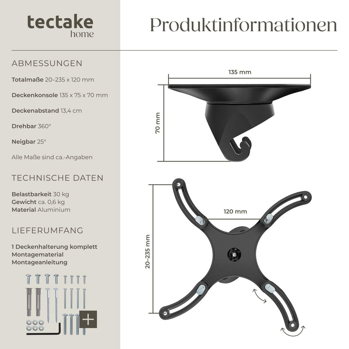 DECKENHALTERUNG für Beamer Universal, Aluminium, 360° Kugelgelenk, bis 30 kg, schwarz - Schwarz, Metall (12/0.2/23.5cm) - tectake