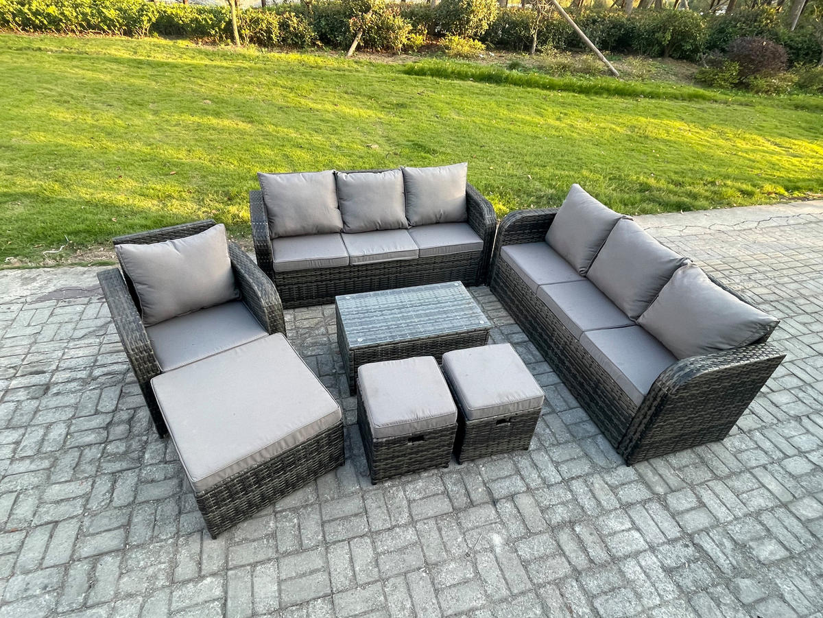 GARTENMÖBEL-SET mit Kissen Polyrattan Dunkelgrau 10-Sitzer - Dunkelgrau/Grau, Glas/Kunststoff - Fimous