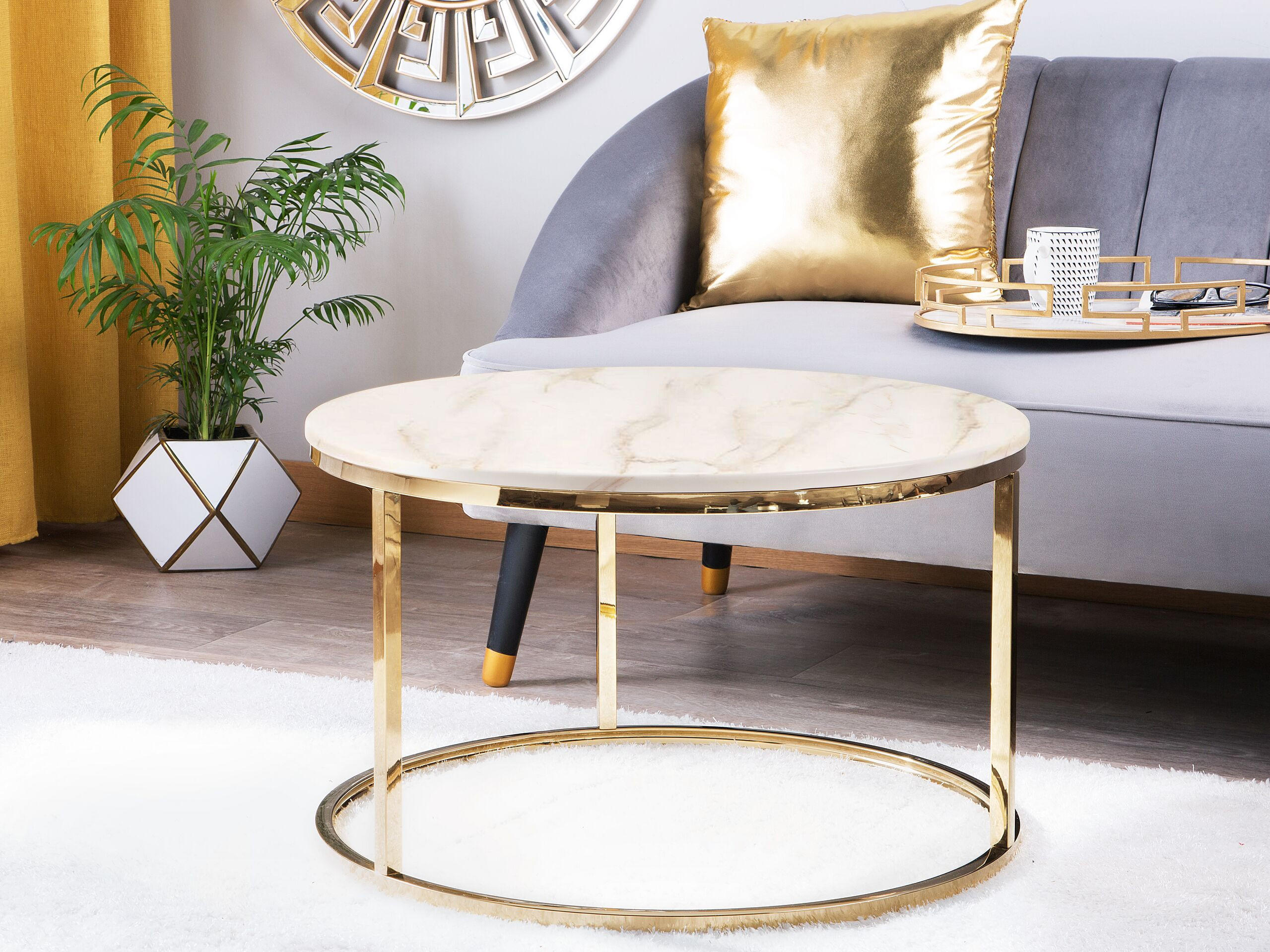 COUCHTISCH Marmor Optik beige/gold 70 cm Coral - Beige/Goldfarben, Metall (70/70/43cm) - Beliani