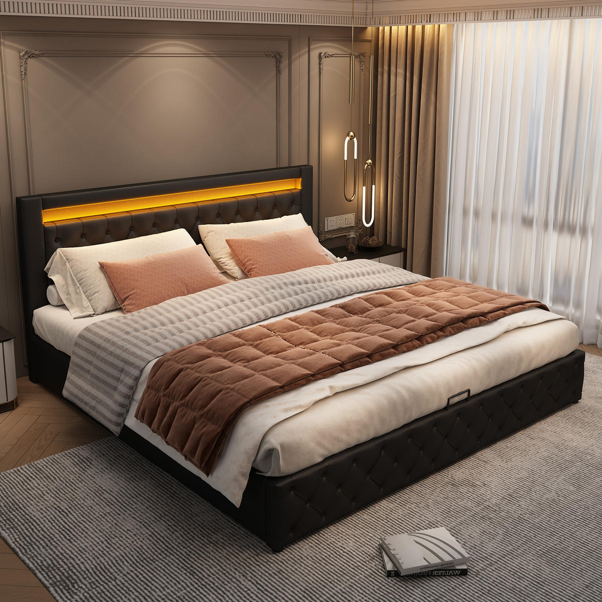 POLSTERBETT mit Bettkasten und LED 160x200 cm PU Schwarz - Schwarz, Metall (160/200cm) - Meubliv