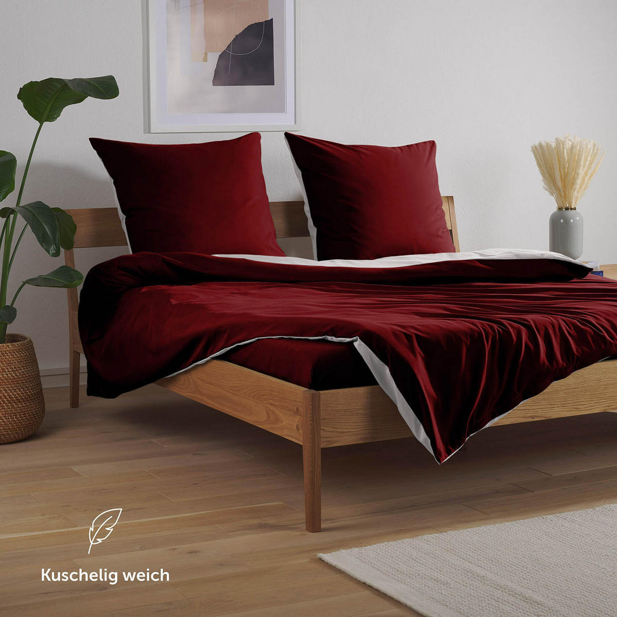 WENDEBETTWÄSCHE Ebba 2 mal 135/200 cm 2 mal 80/80 cm, Dunkelrot und Hellgrau - Hellgrau/Dunkelrot, Textil (135/200cm) - Blumtal