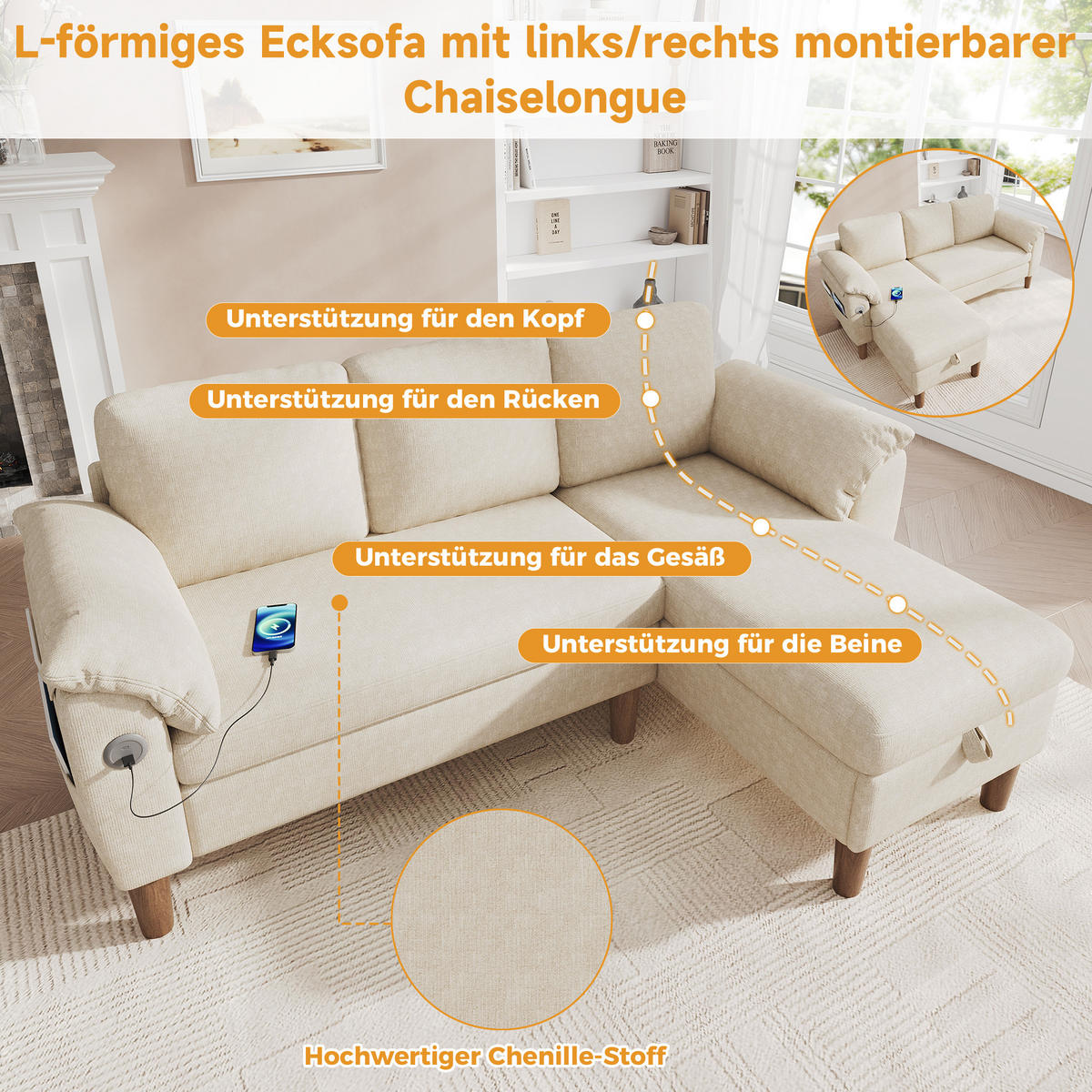 ECKSOFA 181/125/88 cm Beige mit Stauraum-Chaiselongue und USB/Type-C-Ladeanschluss - Beige, Textil (181/125cm) - Oxeza