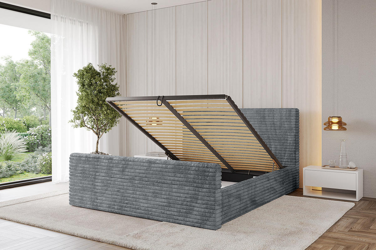 POLSTERBETT mit Bettkasten, Fußteil und Lattenrost, Boxbett mit Matratze H3/H4 - ALOVA-Z 180x200 Dunkelgrau - Dunkelgrau, Holzwerkstoff/Textil (180/200cm) - ALTDECOR