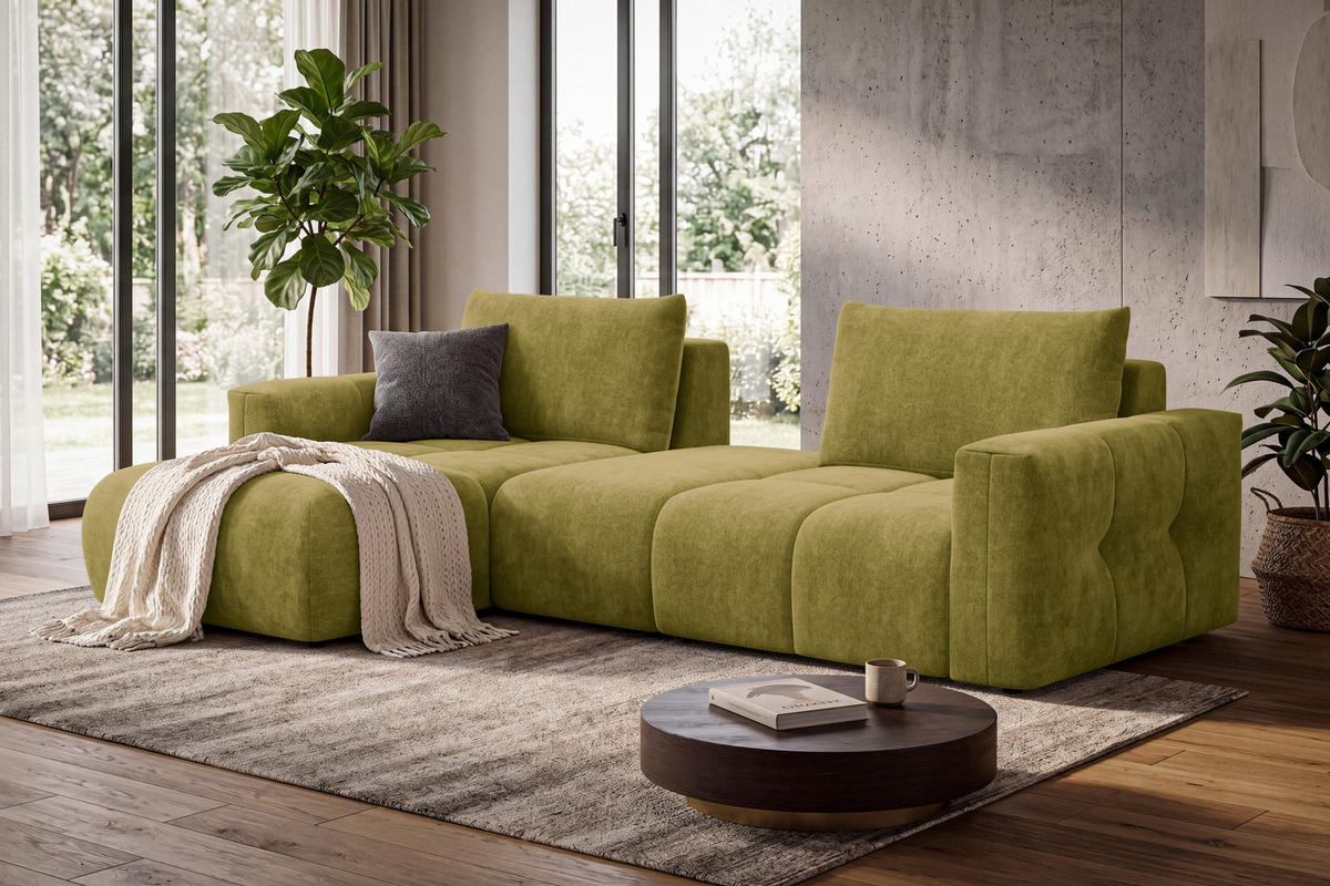 ECKSOFA VERONA 4-Sitzer LINKS, Khaki - Schwarz/Grün, Holz/Textil (282/173cm) - Courtois Laville