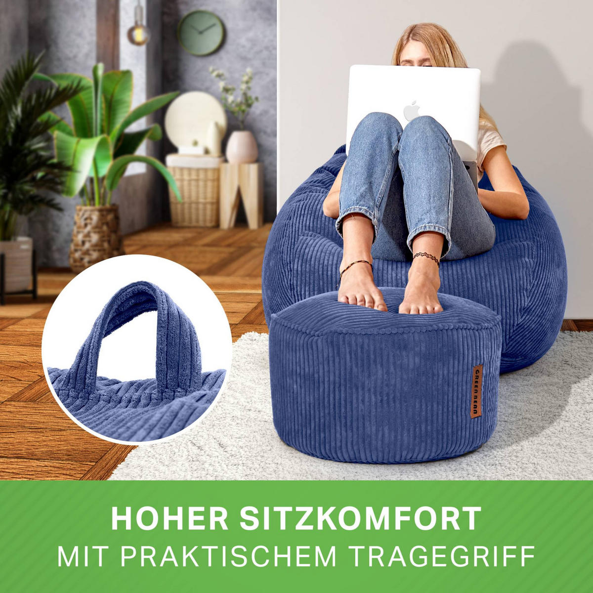 XXL-SITZSACK 2er Set + Pouf - Cordstoff - Dunkelblau, Textil (90/110/90cm) - Green Bean