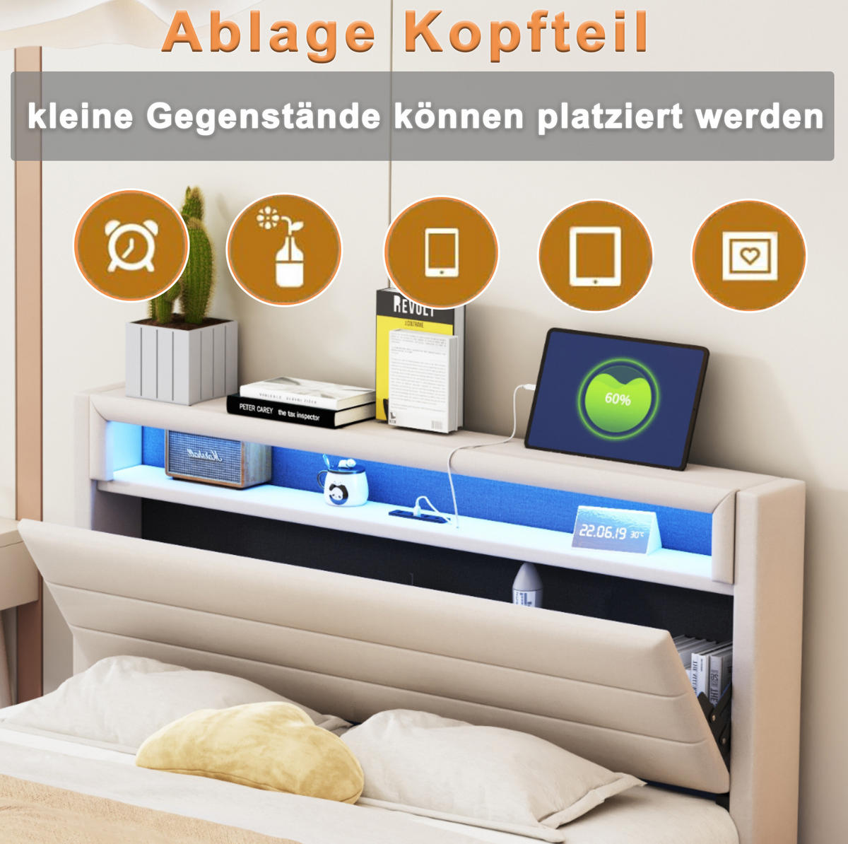 BETT mit Stauraum und LED 160x200 cm Beige - Beige, Metall (160/200cm) - Meubliv