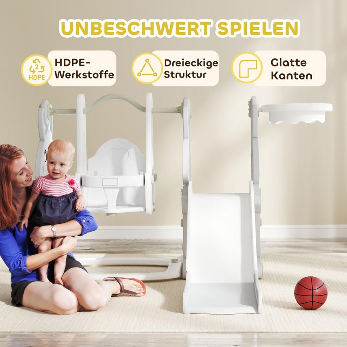 KINDERRUTSCHE 4-in-1 mit Schaukel und Basketballkorb für 1,5–4 Jahre Grau - Grau, Kunststoff (147.5/107/160cm) - Korfee