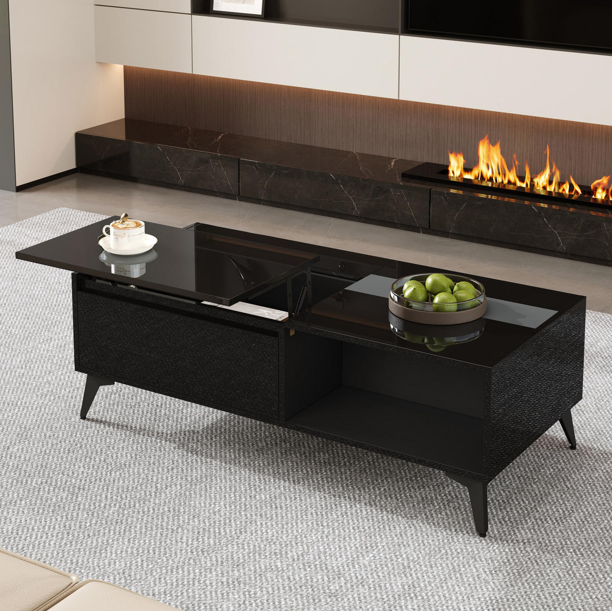 COUCHTISCH 110/50/48 cm schwarz aus Spanplatte mit Hebemechanismus und Stauraum - Schwarz, Holzwerkstoff (110/50/48cm) - OKMYHOME